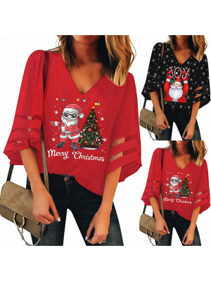 Ladies Womens Christmas Xmas Printed Casual Pullover V Neck Tops T Shirt Blouse