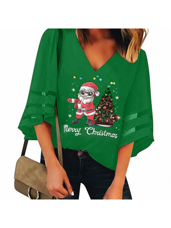 Ladies Womens Christmas Xmas Printed Casual Pullover V Neck Tops T Shirt Blouse