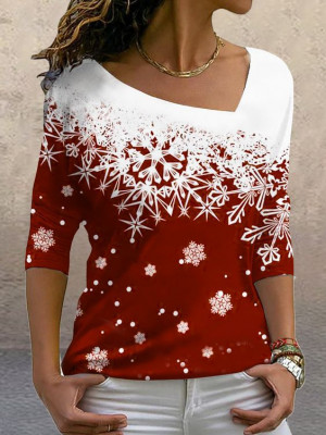 Ladies Womens Christmas Xmas Snowflake Print Casual Pullover Tops T Shirt Blouse
