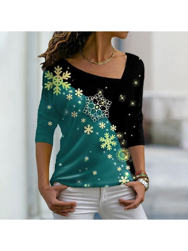 Ladies Womens Christmas Xmas Snowflake Print Casual Pullover Tops T Shirt Blouse