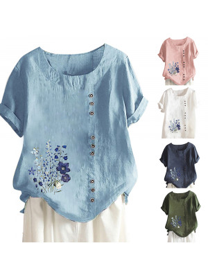 PLUS Womens Summer Linen Short Sleeve Tops Ladies Floral Flower Loose T Shirts Blouse UK SIZE