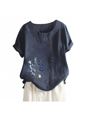 PLUS Womens Summer Linen Short Sleeve Tops Ladies Floral Flower Loose T Shirts Blouse UK SIZE