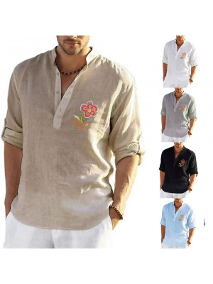 Mens Summer Short Sleeve Linen Shirts Solid Loose Casual Dress Shirt Blouse Tops