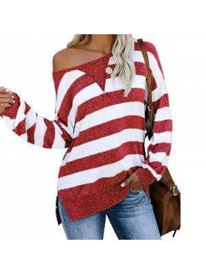 Ladies Casual Stripe Long Sleeve Tops Women Pullover T Shirt One Neck Blouse Tee