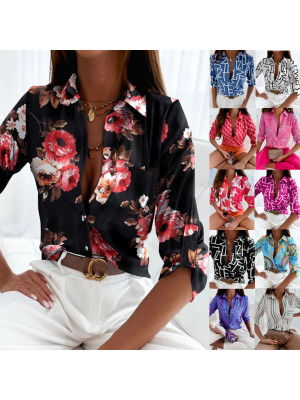Ladies Autumn Casual Long Sleeve Blouse Shirt Women Floral Button Tops OL Tees