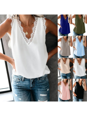 Ladies Lace Casual Sleeveless Sexy Top Women Pullover V Neck Summer Blouse Shirt