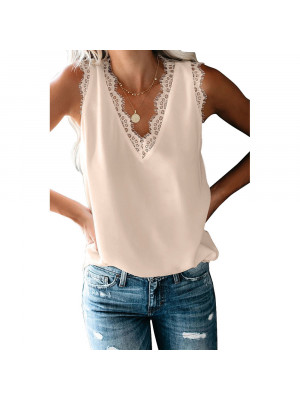 Ladies Lace Casual Sleeveless Sexy Top Women Pullover V Neck Summer Blouse Shirt