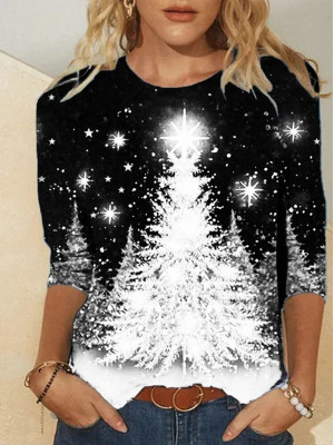 Womens Crew Neck Party Christmas Tops Ladies Long Sleeve Pullover Tee Shirt UK