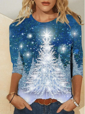 Womens Crew Neck Party Christmas Tops Ladies Long Sleeve Pullover Tee Shirt UK