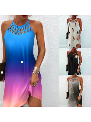 Women Ladies Summer Holiday Beach Casual Sundress Halter Neck Strappy Midi Dress