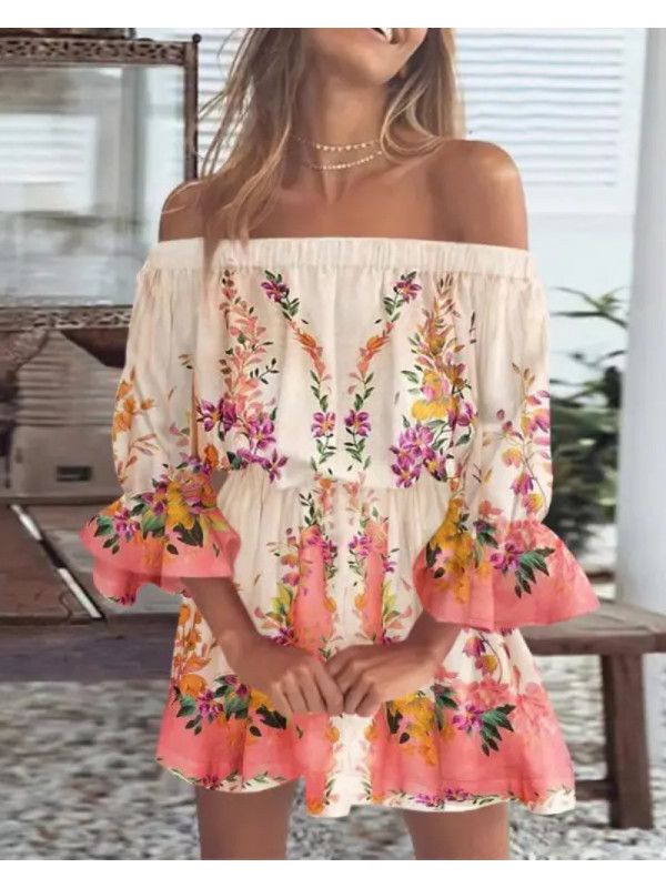 Womens Boho Off Shoulder Floral Dress Summer Holiday Beach Mini Dress Sundress