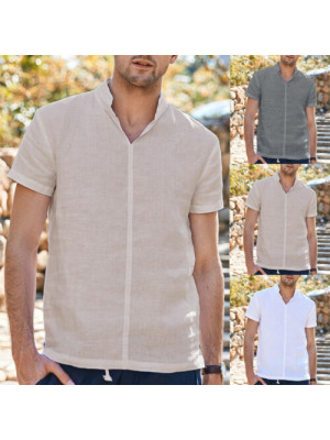 Mens Linen Style Short Sleeve Solid Shirts Casual Fit Formal Dress Top Tee Shirt UK