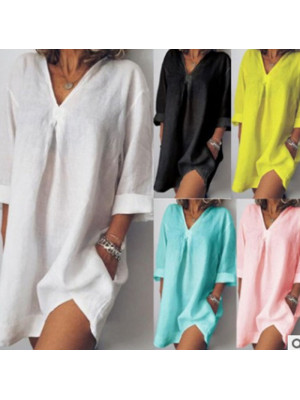 Ladies Beach Cover Up Smock T-Shirts Women Mini Dress Casual Long Tops Plus Size