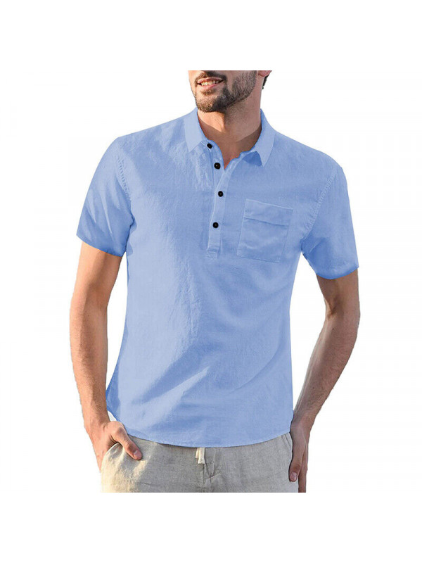 Mens Short Sleeve Linen Shirts Summer Solid Loose Casual Dress Shirt Blouse Tops UK