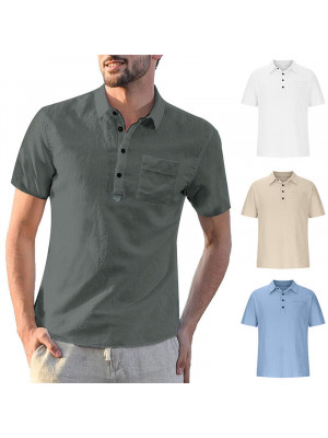 Mens Short Sleeve Linen Shirts Summer Solid Loose Casual Dress Shirt Blouse Tops UK