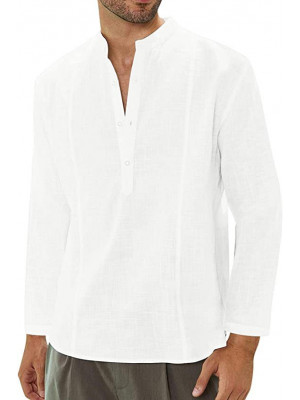 Mens Linen Long Sleeve Shirts Solid Loose Casual Shirt Blouse Top Cotton Summer