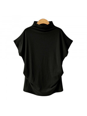 Plus Size Women's Baggy T-Shirt Summer High-Neck Short Sleeve Plain Casual Tops