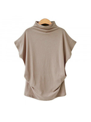 Plus Size Women's Baggy T-Shirt Summer High-Neck Short Sleeve Plain Casual Tops