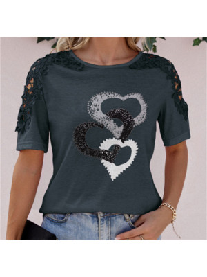 Summer Womens Heart Print Tops Short Sleeve Blouse Ladies T Shirt Plus Size Tee