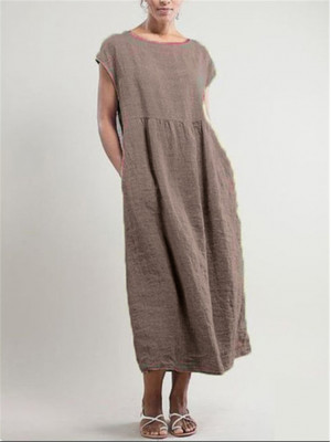 Womens Summer Cotton Linen Dress Ladies Hoilday Pocket Sun Dresses Plus Size UK