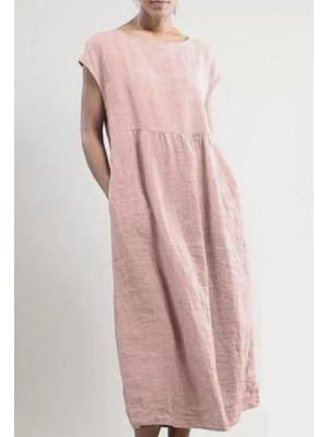Womens Summer Cotton Linen Dress Ladies Hoilday Pocket Sun Dresses Plus Size UK