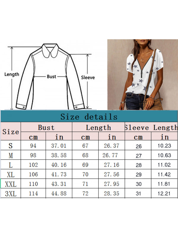 Womens Zipper V Neck T Shirt Ladies Casual  Blouse Loose Short Sleeve Print Tops