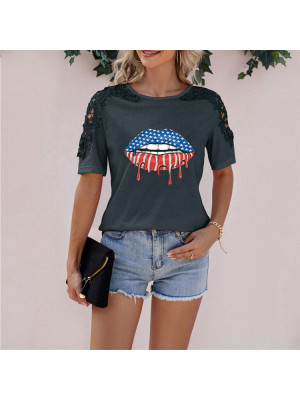 Summer Womens Casual Lips Print Lace Sleeve T shirt Ladies Tops Blouse Plus Size