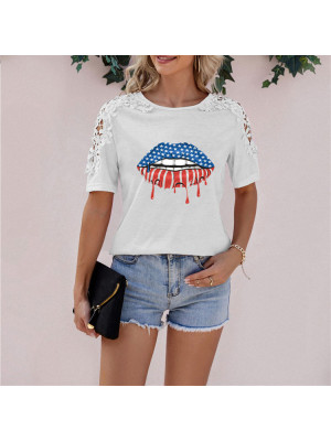 Summer Womens Casual Lips Print Lace Sleeve T shirt Ladies Tops Blouse Plus Size
