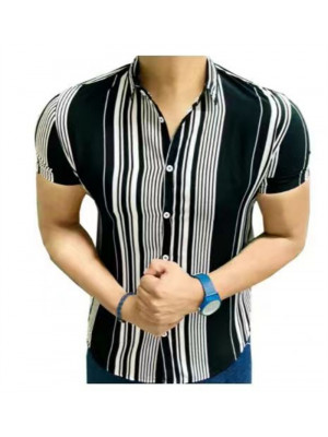 Mens Retro Short Sleeve Shirts Summer Stripe Casual Button Blouse Collar Tops