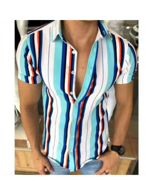 Mens Retro Short Sleeve Shirts Summer Stripe Casual Button Blouse Collar Tops