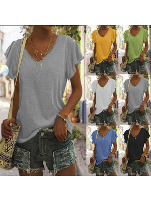 Ladies V Neck Tops T-Shirt Womens Casual Solid Ruffle Sleeve Baggy Blouse Tee