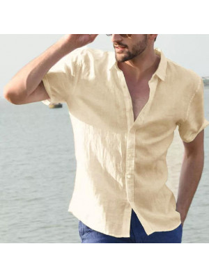 Mens Short Sleeve Linen Shirts Summer Plain Casual Dress Shirt Blouse Loose Tops