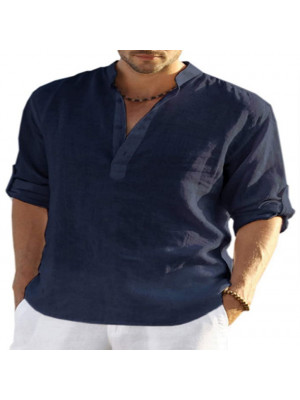  Mens Linen Style Shirts Long Sleeve Solid Casual Fit Formal Dress Tee Top Shirt