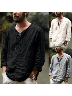 Mens Casual Tops Cotton Linen Blouse Shirt Long Sleeve Baggy Solid Shirts Summer