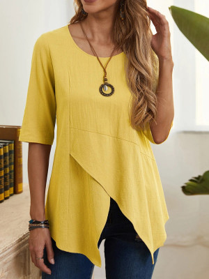 Women Cotton Linen Irregular Tops Lady Summer T Shirt Slim Pullover Tunic Blouse