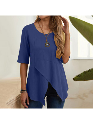 Women Cotton Linen Irregular Tops Lady Summer T Shirt Slim Pullover Tunic Blouse