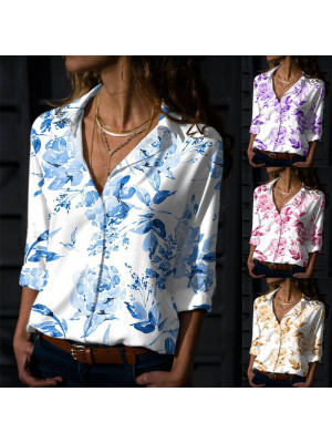 Womens V Neck Floral Tops Ladies Long Sleeve Buttons T Shirt Plus Size Blouse