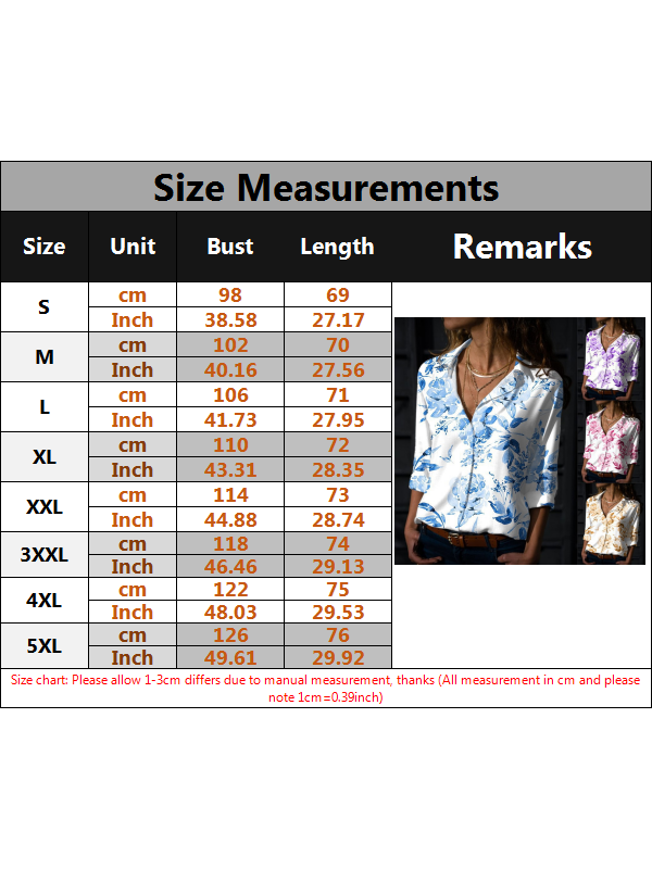 Womens V Neck Floral Tops Ladies Long Sleeve Buttons T Shirt Plus Size Blouse