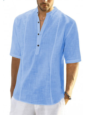Mens Casual Half Sleeve Linen Shirt Tops Plain Dress Shirt Summer Loose Blouse