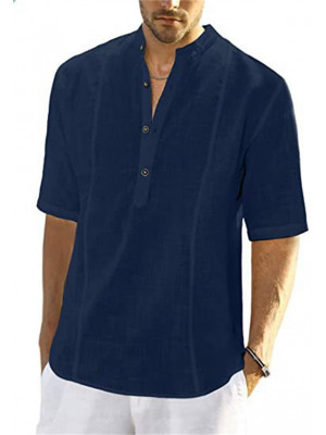 Mens Casual Half Sleeve Linen Shirt Tops Plain Dress Shirt Summer Loose Blouse