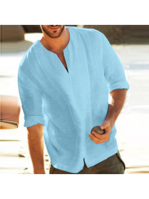 Mens Casual Cotton Linen Tops Loose Half Sleeve Dress Shirt Summer Casual Blouse