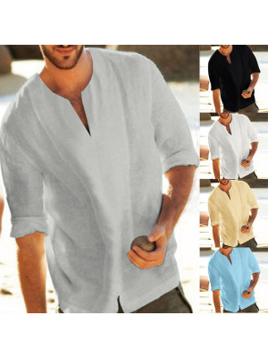 Mens Casual Cotton Linen Tops Loose Half Sleeve Dress Shirt Summer Casual Blouse