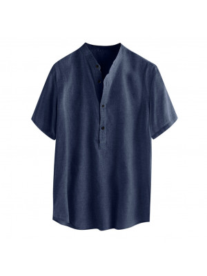 Mens Short Sleeve Linen Shirts Solid Loose Casual Dress Shirt Blouse Summer Tops