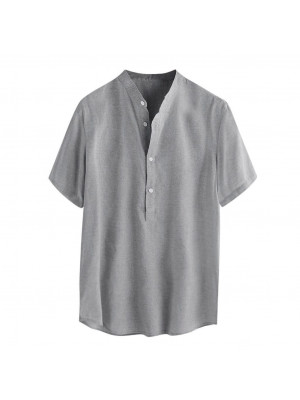 Mens Short Sleeve Linen Shirts Solid Loose Casual Dress Shirt Blouse Summer Tops