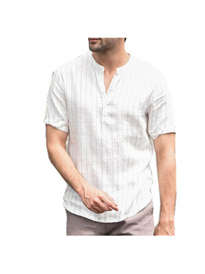 Mens Summer Striped Print Shirt Short Sleeve V Neck Casual Loose Tops Blouse