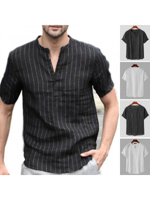 Mens Summer Striped Print Shirt Short Sleeve V Neck Casual Loose Tops Blouse