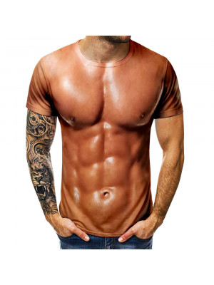 Men Strong Muscle Tattoo Print T-Shirt Short Sleeve 3D Adult Funny Tee Tops