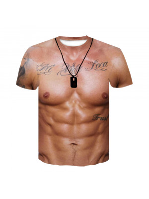 Men Strong Muscle Tattoo Print T-Shirt Short Sleeve 3D Adult Funny Tee Tops