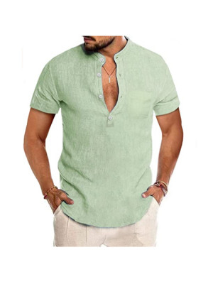 Mens Short Sleeve Linen Shirts Summer Loose Casual Dress Shirt Blouse Solid  Tops