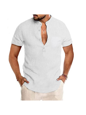 Mens Short Sleeve Linen Shirts Summer Loose Casual Dress Shirt Blouse Solid  Tops